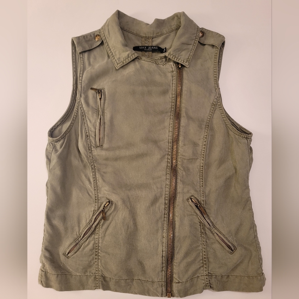 Max Jeans Sleevless Zip Vest Soft Tencel Army Green Moto Military Style Medium